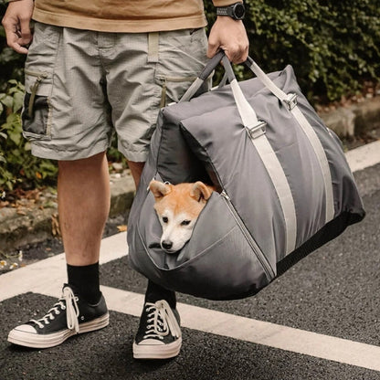 Dog car seat bed for pets with safety harness, waterproof fabric, dual-use for travel or home, gray, small to medium sizes.