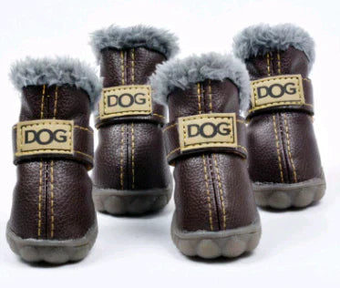 "Dog Winter Snow Boots - Warm non-slip boots with plush lining, colorful options, secure fit, ideal for icy winter walks."