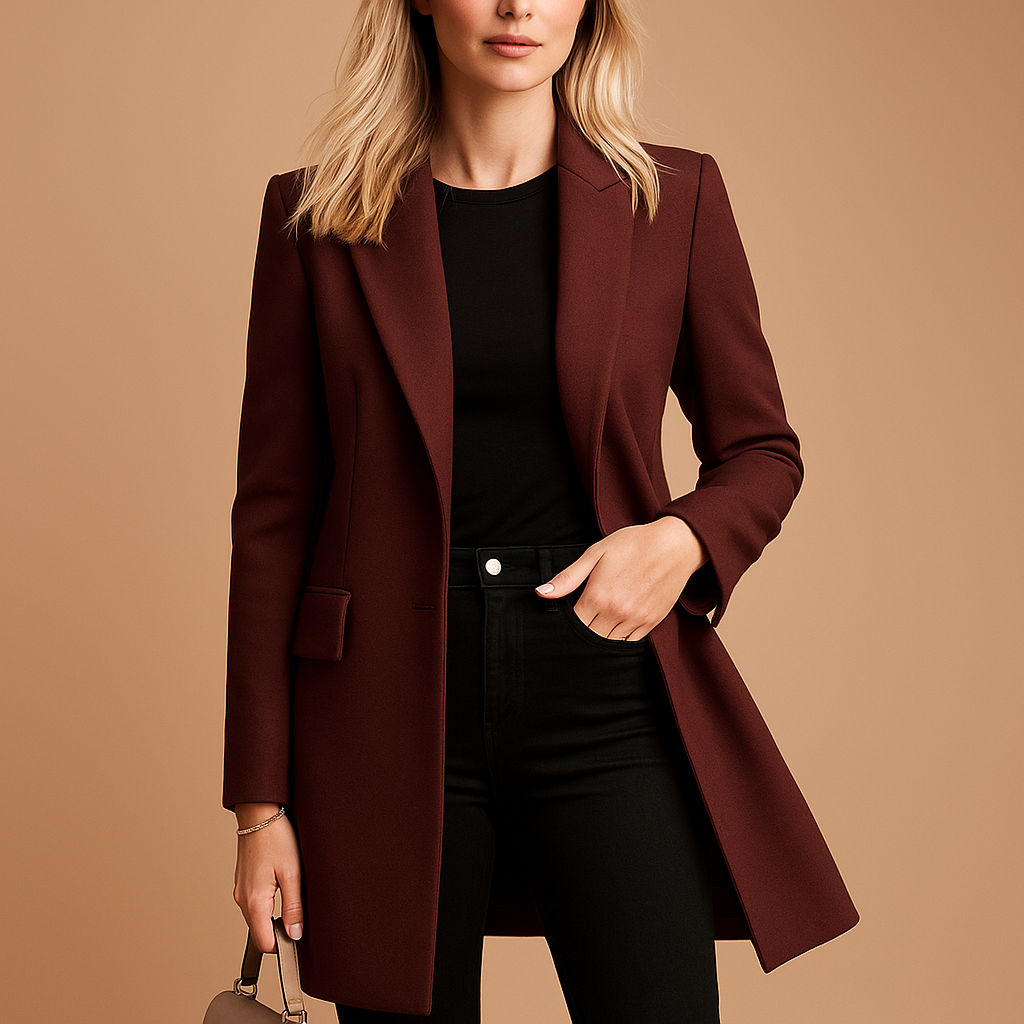 Modern double-breasted trench coat for women with tailored fit and elegant design, ideal for formal events and everyday wear in colder seasons.
