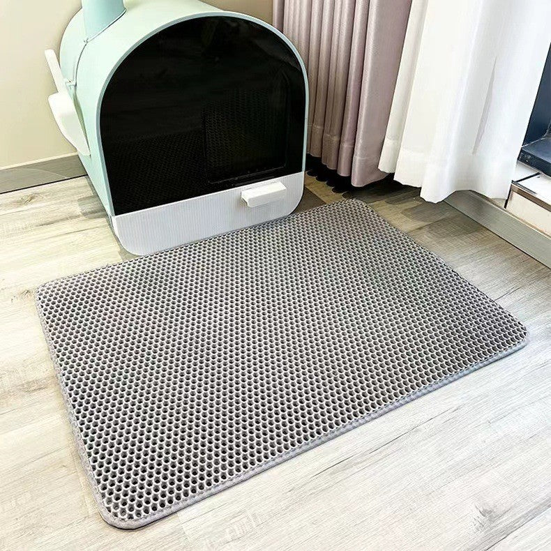 Double-layer anti-spill cat litter mat in grey, captures stray litter easily and is waterproof for clean floors.