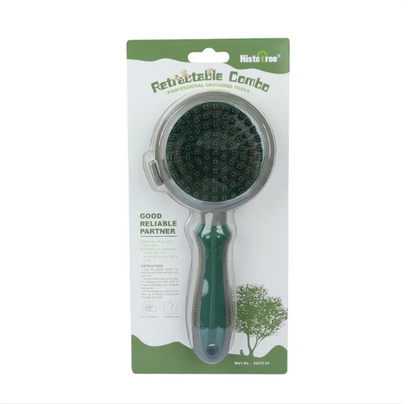 Double-sided cat grooming brush with soft, gentle bristles for long and medium fur; ergonomic handle for easy pet care.