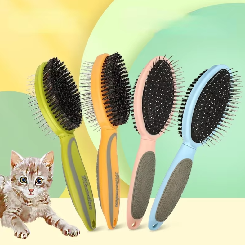 Double-sided pet brush with soft bristles and metal pins for grooming dogs and cats, ensuring a shiny, healthy coat.