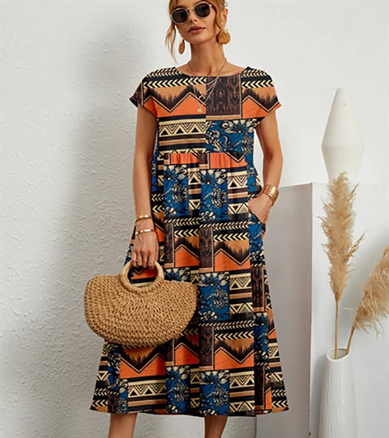 Vibrant Floral A-Line Dress - Cotton Blend, Summer Wedding Guest Dresses-3