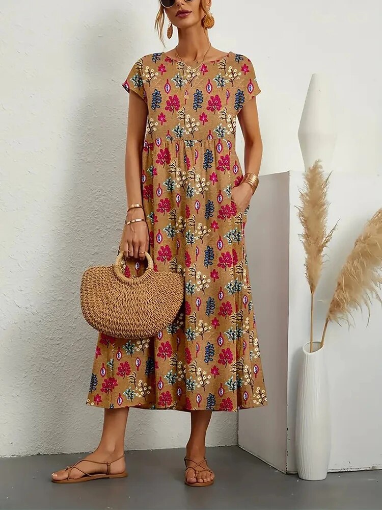 Vibrant Floral A-Line Dress - Cotton Blend, Summer Wedding Guest Dresses-1