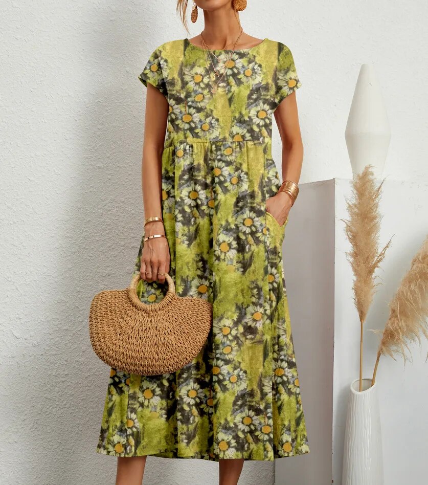 Variant image for Vibrant Floral A-Line Dress - Cotton Blend, Summer Wedding Guest Dresses-16