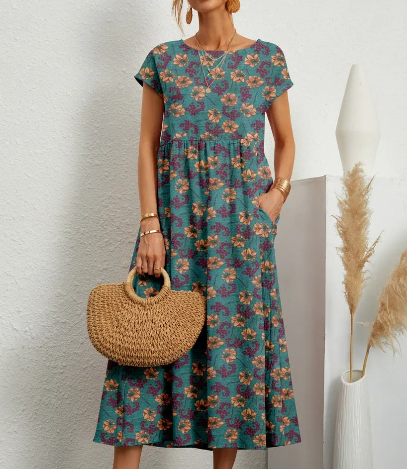Variant image for Vibrant Floral A-Line Dress - Cotton Blend, Summer Wedding Guest Dresses-26