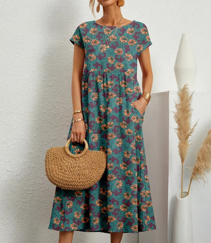 Variant image for Vibrant Floral A-Line Dress - Cotton Blend, Summer Wedding Guest Dresses-26