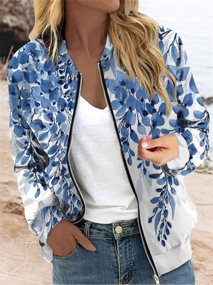 Women's Casual Zip Up Floral Jacket with Long Sleeves - Luxivelle