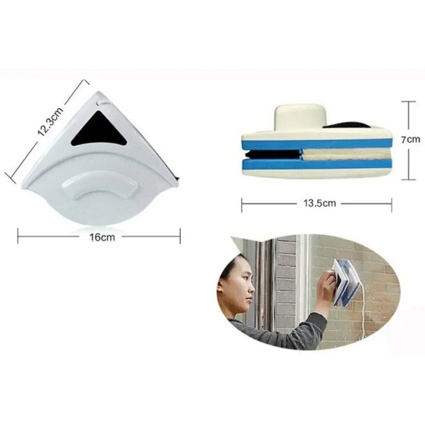 "Dual-sided magnetic window cleaner, blue and white with ergonomic grip, designed for streak-free glass cleaning, indoors and