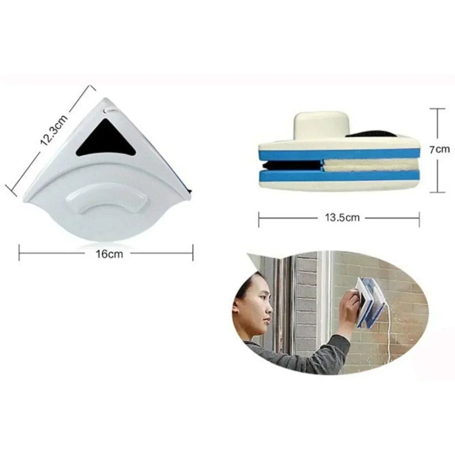 "Dual-sided magnetic window cleaner, blue and white with ergonomic grip, designed for streak-free glass cleaning, indoors and