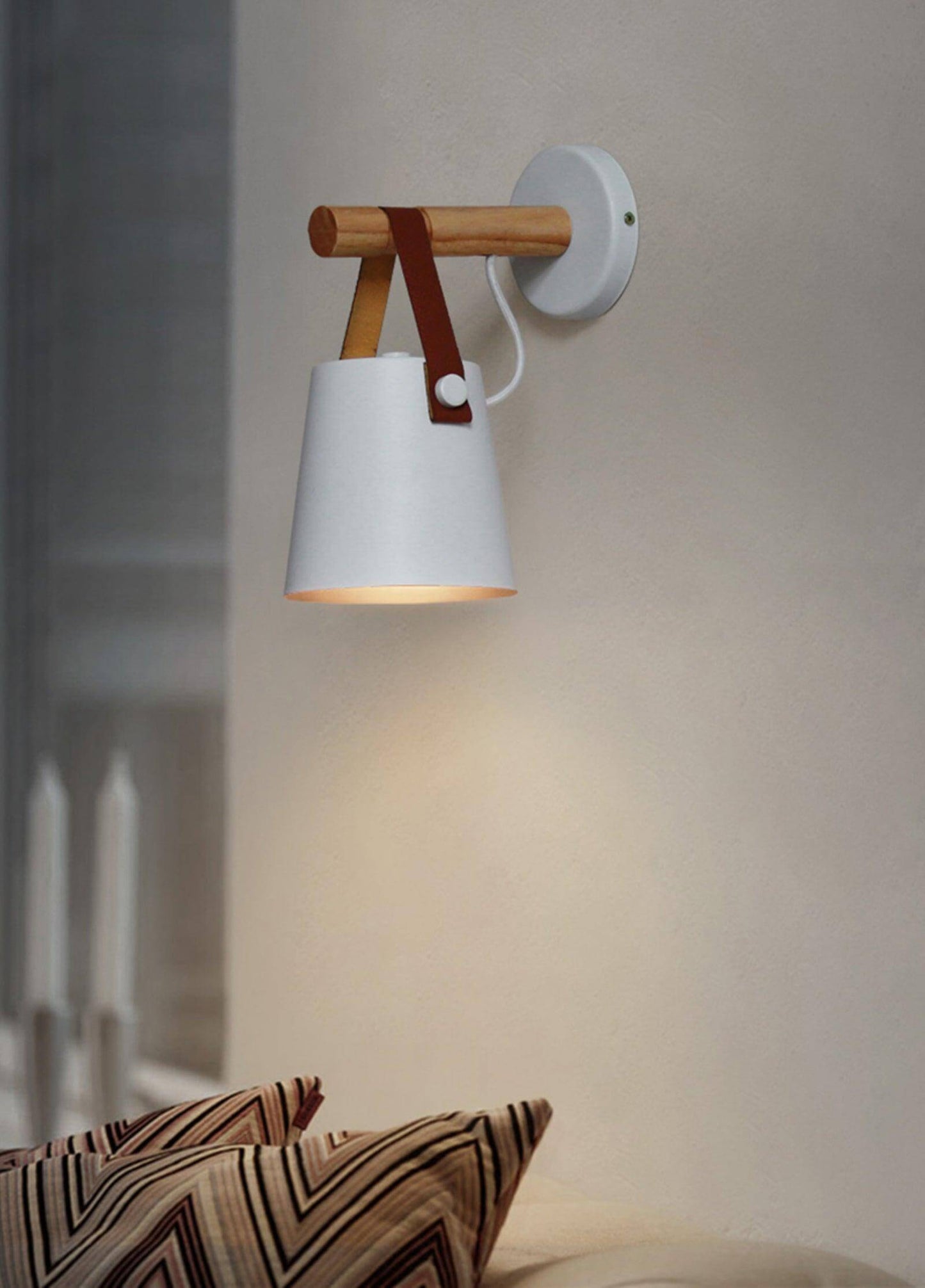 Rustic Wood Wall Lamp with Brown Leather Strap