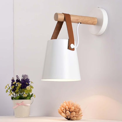 Rustic Wood Wall Lamp with Brown Leather Strap
