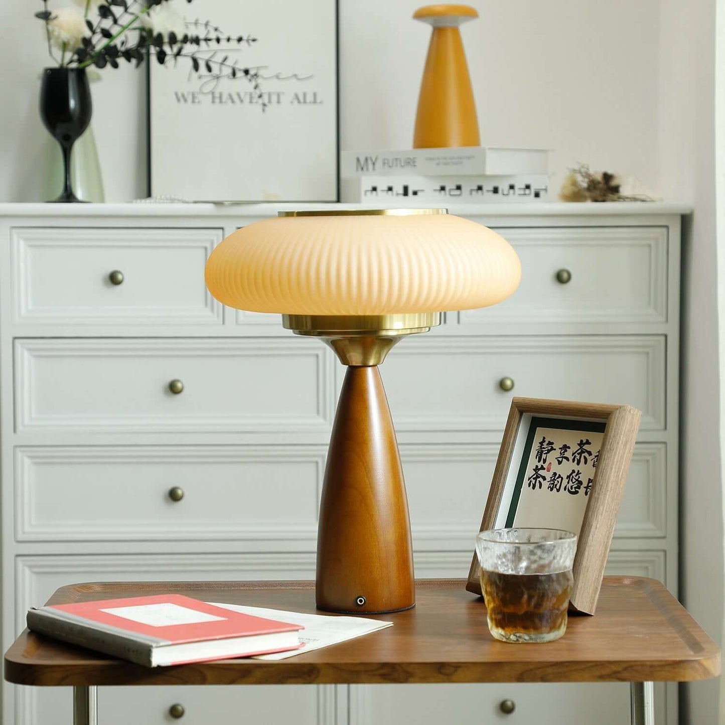 Small Glass Desk Lamp with Wood Base