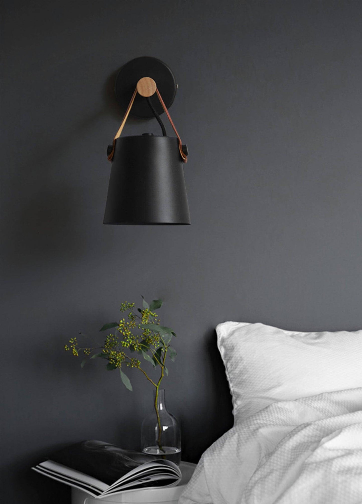 Rustic Wood Wall Lamp with Brown Leather Strap