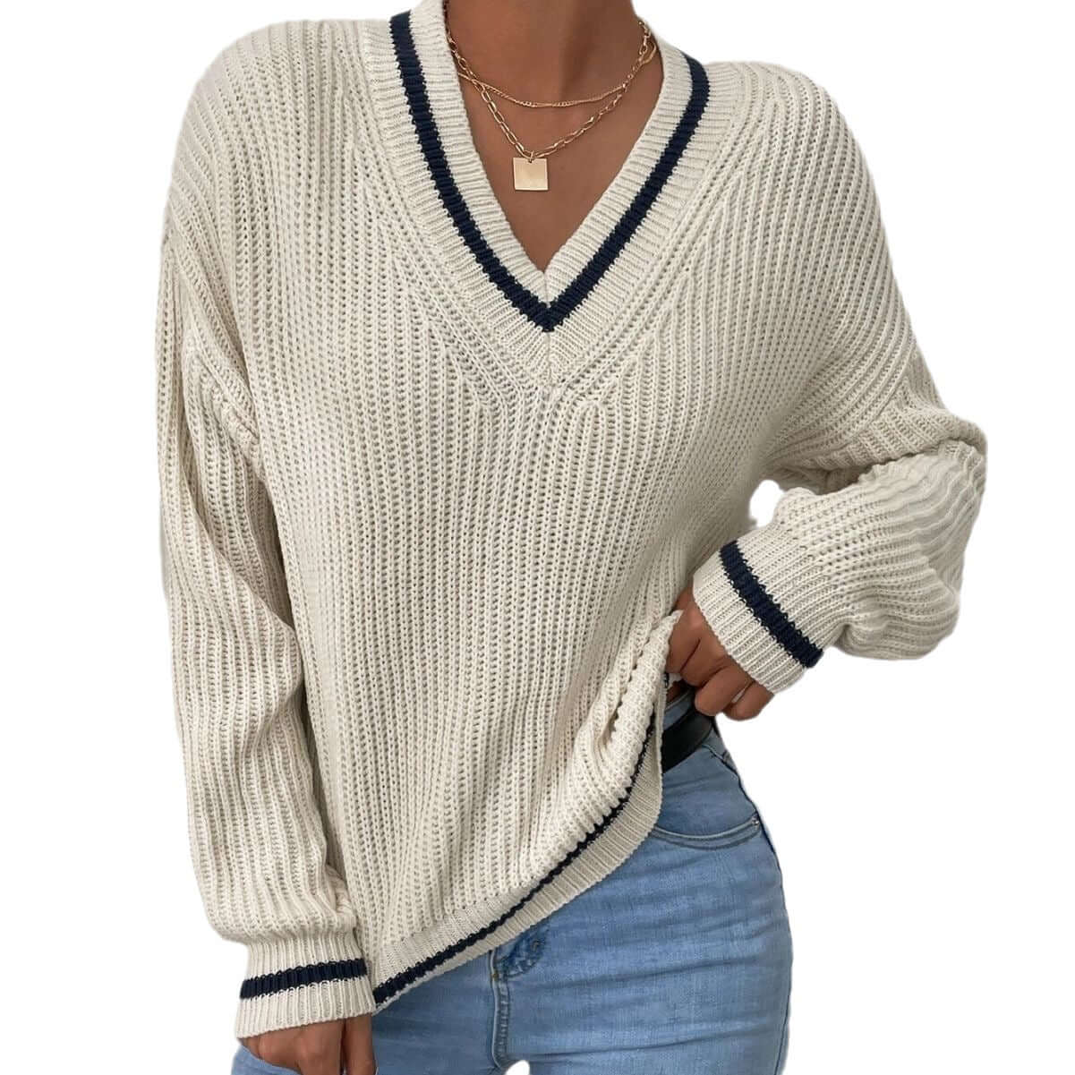 Casual Striped V Neck Loose Fit Sweater