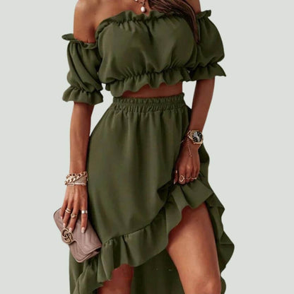 Ladies' Cold Shoulder Ruffle Top & Asymmetrical Skirt Set