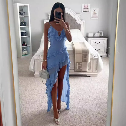 Women's Flowy Long Ruffled Split Maxi Dress