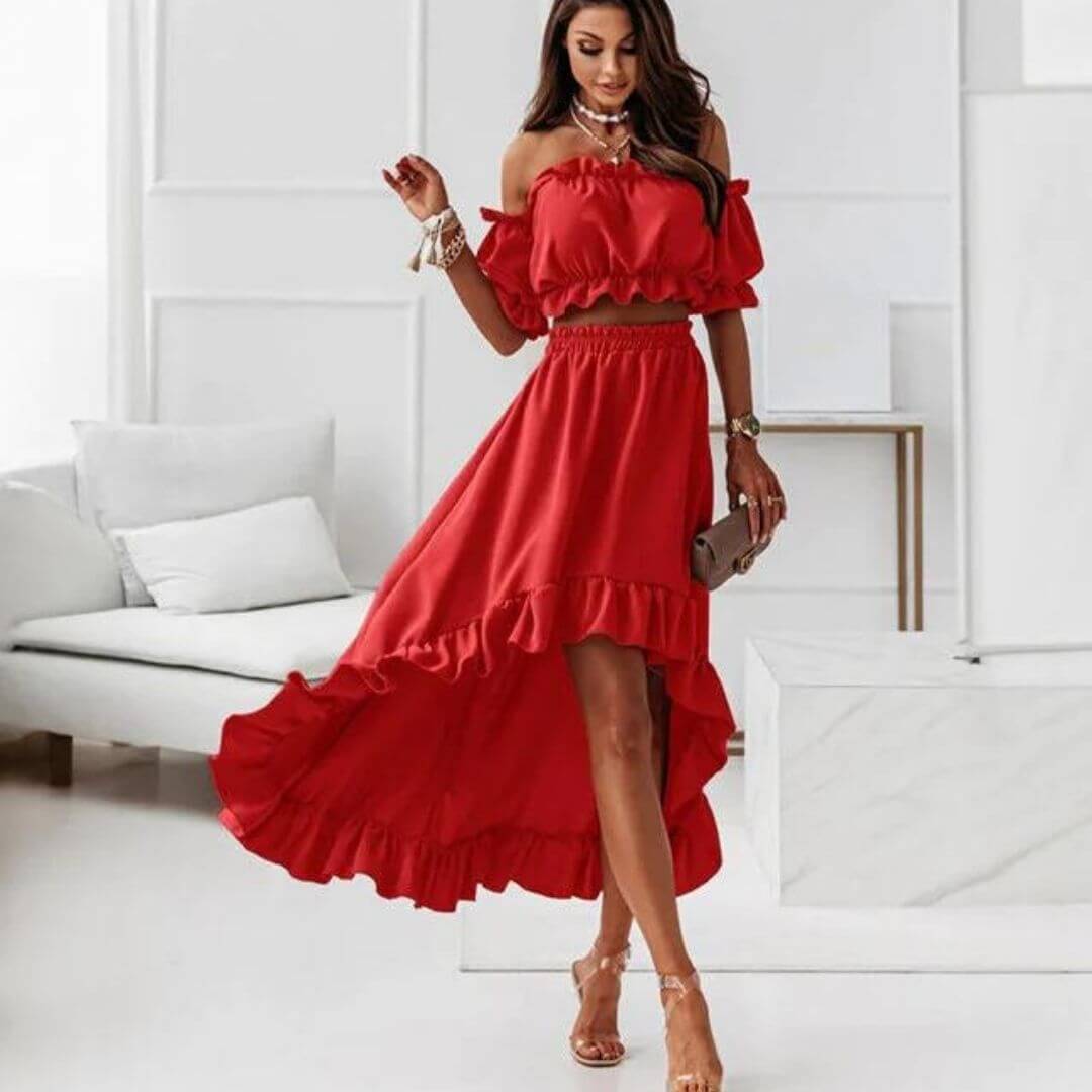 Ladies' Cold Shoulder Ruffle Top & Asymmetrical Skirt Set