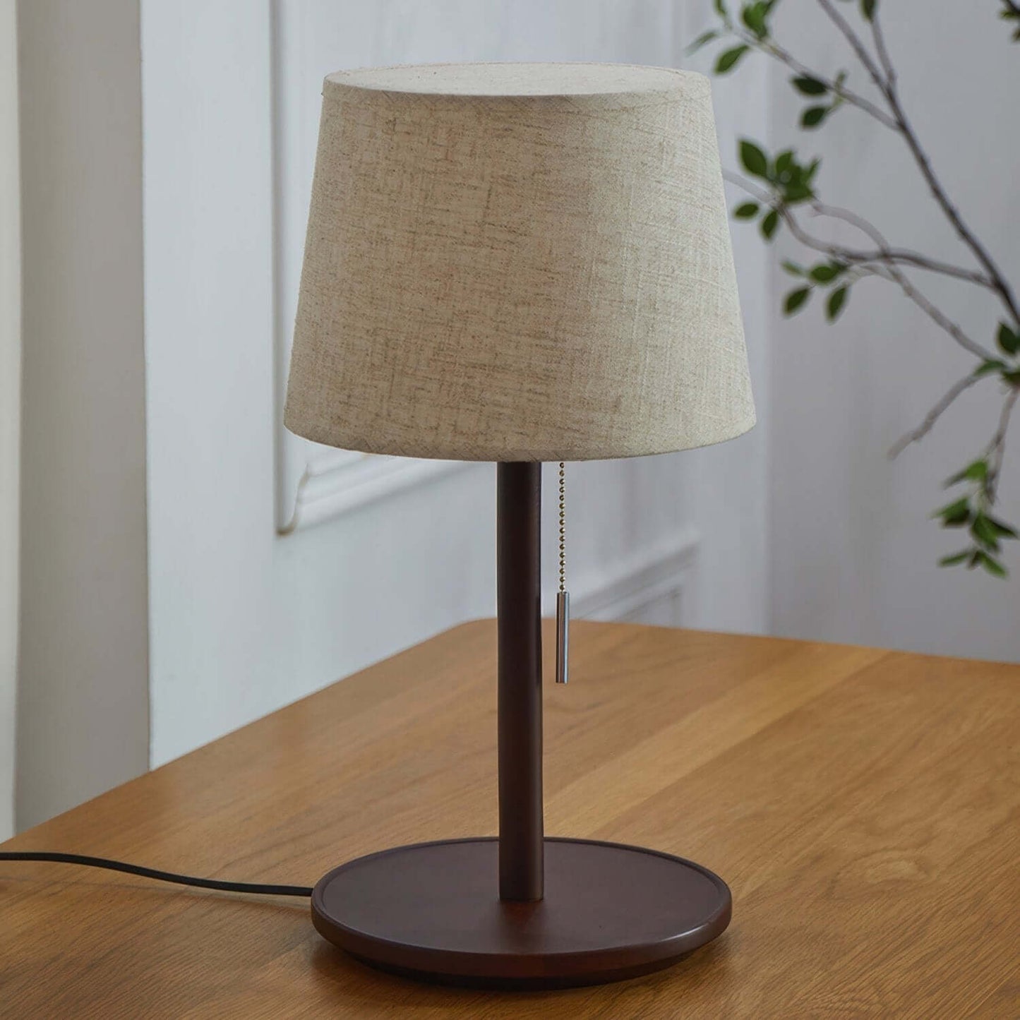 Rustic Brown Wooden Desk Lamp with Linen Shade