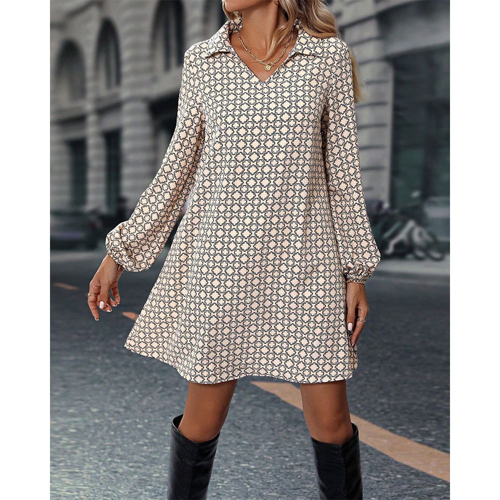 Relaxed Fit V Neck Long Sleeve Dress