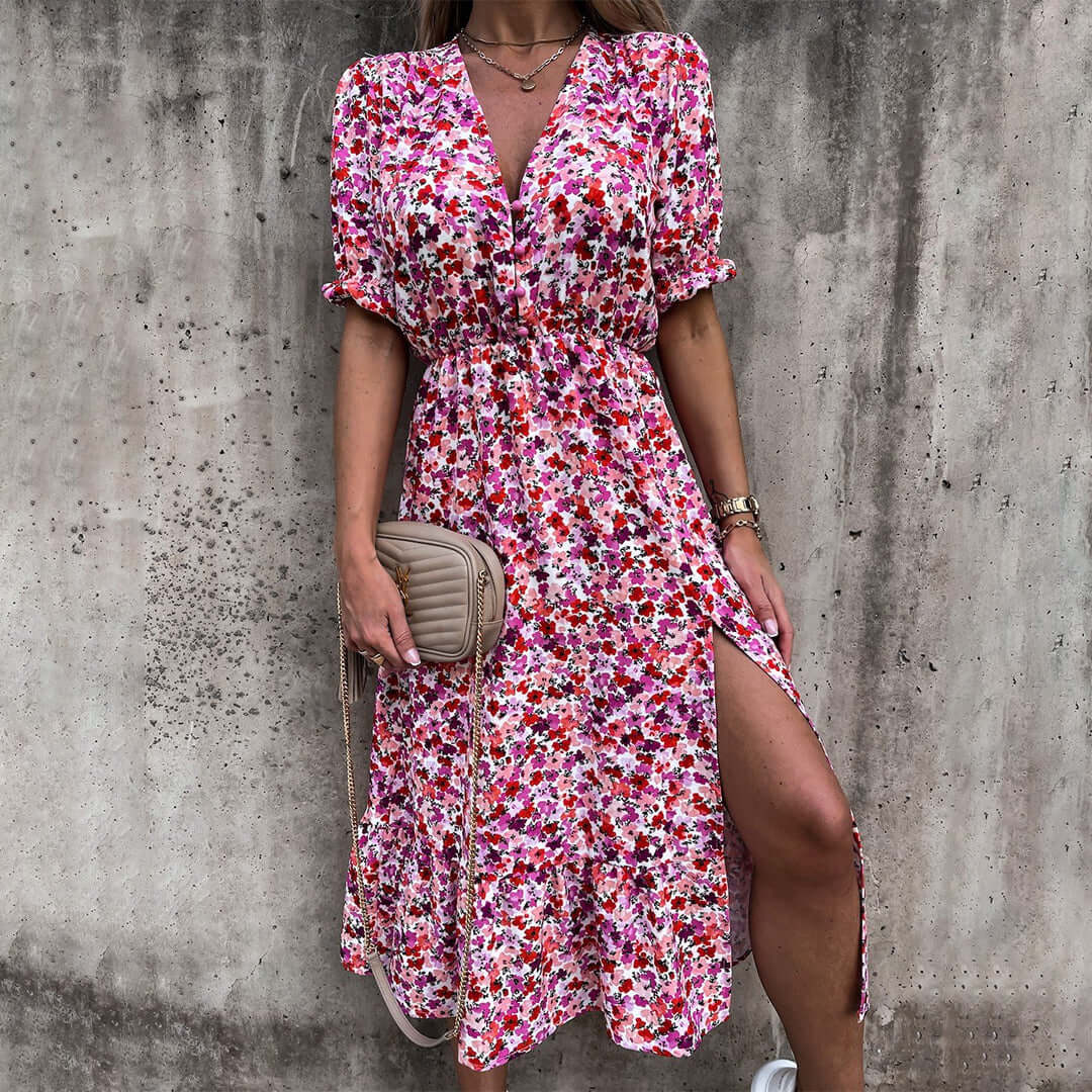 Pretty Ruffled Neckline Midi Summer Dress - Luxivelle