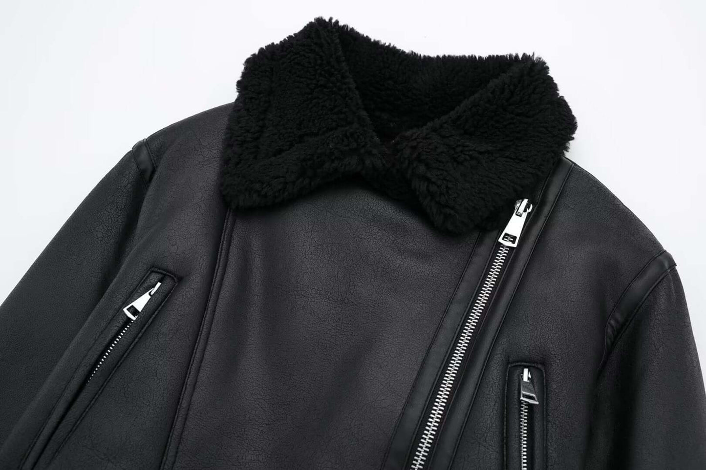 Ladies Synthetic Leather Coat with Faux Fur Trim
