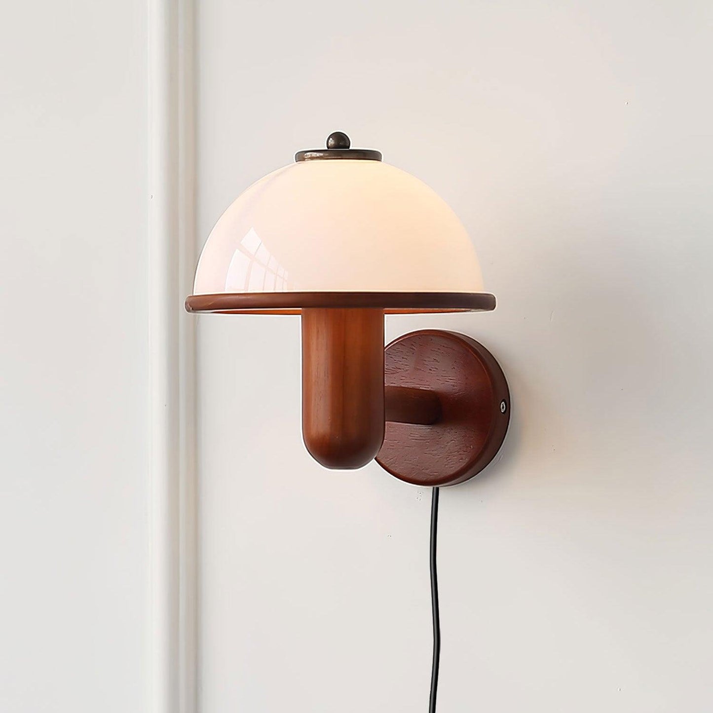 Rustic Wooden Fungi Wall Lamp with Cream Shade