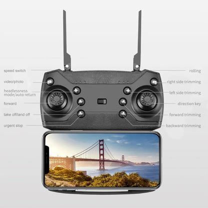 "E88 Pro 4K Dual-Camera Drone, wide-angle lens, durable lightweight frame, LED lights, captures high-definition aerial views"