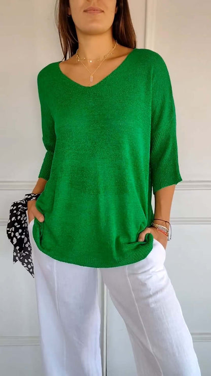 Relaxed Fit Women's V Neck Sweater Top