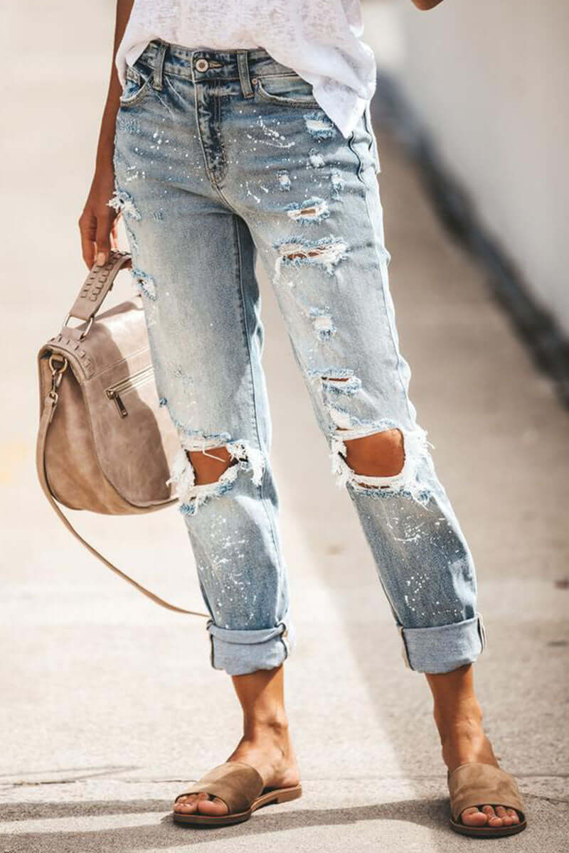 Ladies Distressed Straight Fit High Waist Jeans - Luxivelle