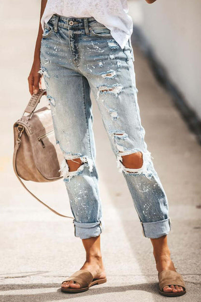 Ladies Distressed Straight Fit High Waist Jeans - Luxivelle