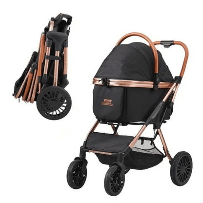 Easy-Fold dog stroller with detachable basket, breathable mesh panels, and rear wheel brakes for small dogs.