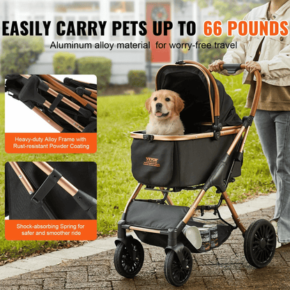 Easy-Fold dog stroller with detachable basket, breathable mesh panels, and rear wheel brakes for small dogs.