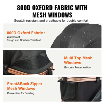 Easy-Fold dog stroller with detachable basket, breathable mesh panels, and rear wheel brakes for small dogs.