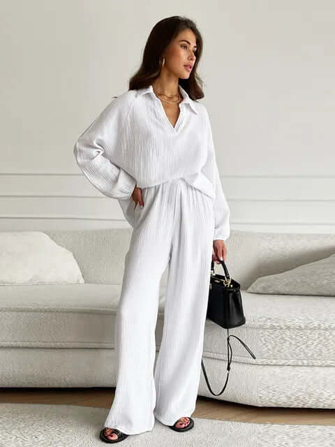 Soft Women's Casual Pajama Set V Neck Wide Leg - Luxivelle