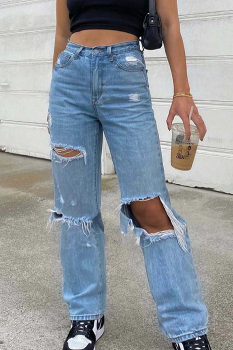 Fashionable Distressed High Waisted Jeans Pants - Luxivelle