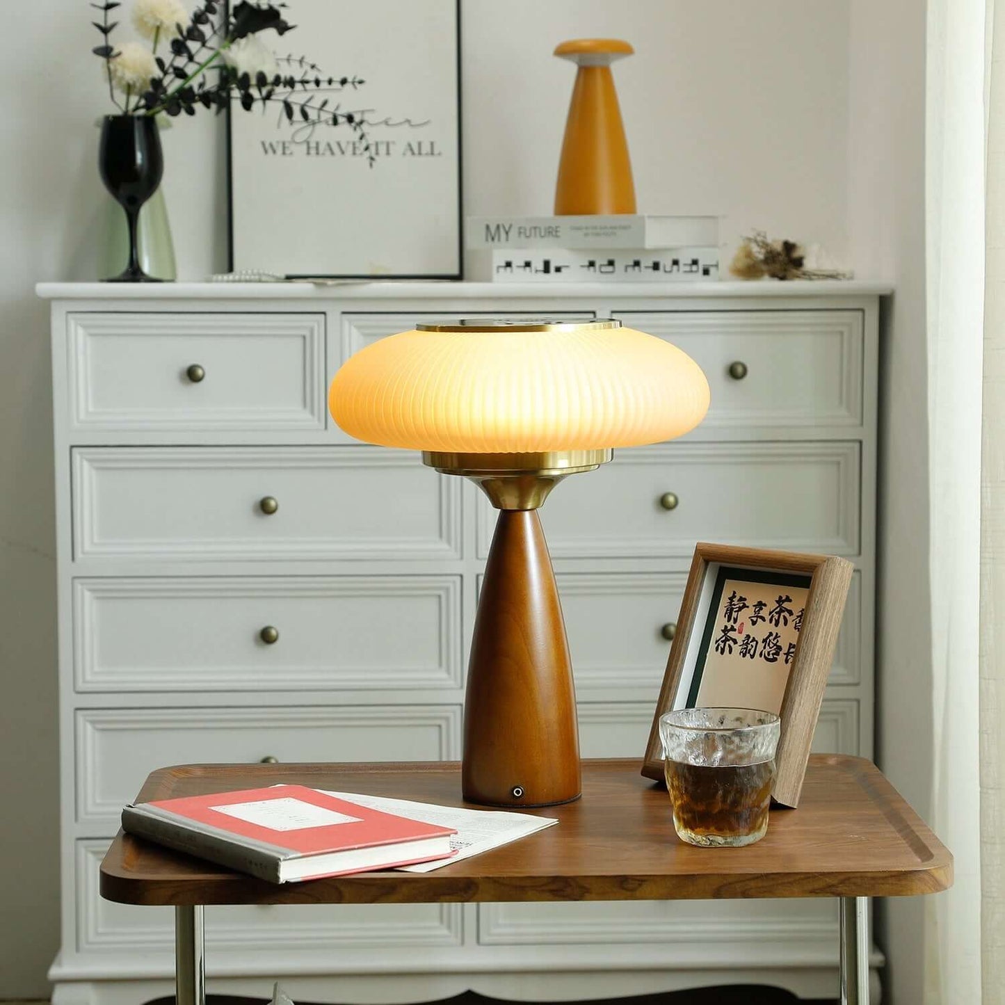Small Glass Desk Lamp with Wood Base
