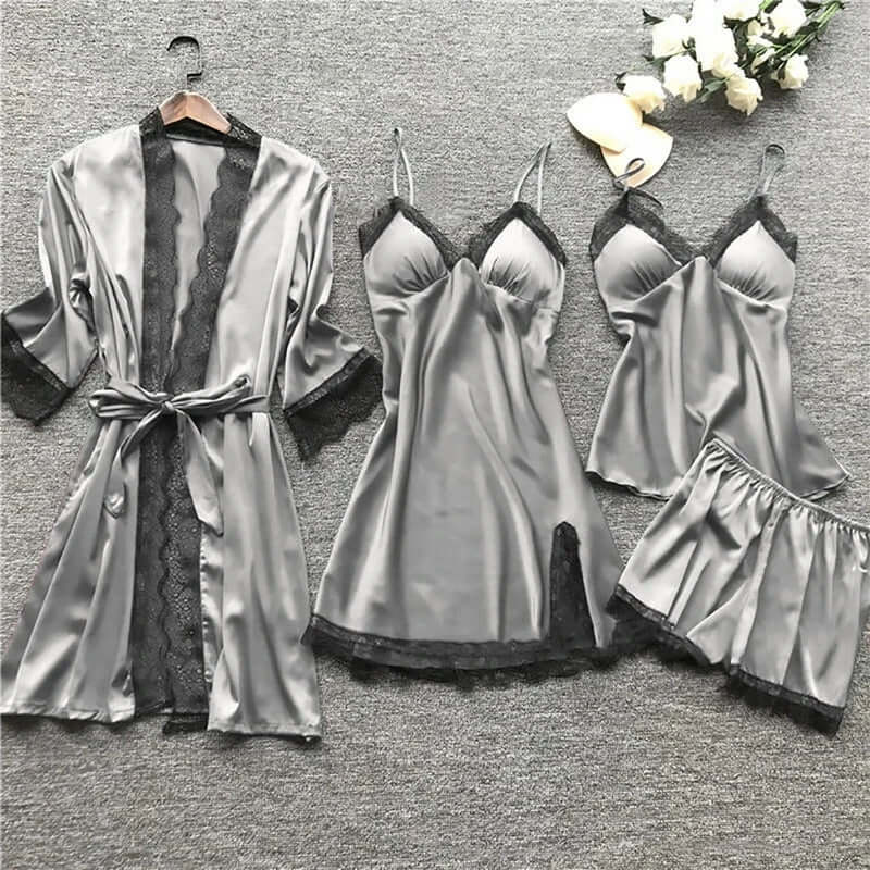 Ladies Soft Silk Pajama Set with Lace Trim