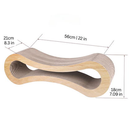 "Eco-friendly cat scratching lounge with wood-like design, spacious, promoting feline comfort and claw health."