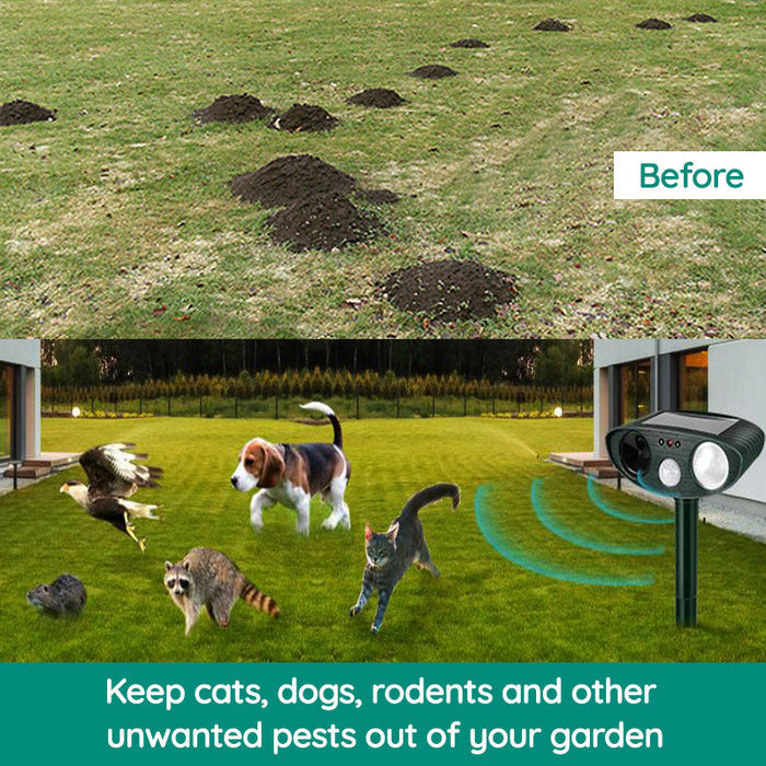 Eco-friendly solar-powered ultrasonic animal repeller, weather-resistant, uses solar energy, modern design for garden protect