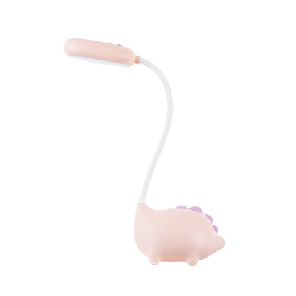 Eco-friendly T-Rex LED desk light for kids; whimsical dino shape, adjustable neck, soft eye-caring light; available in yellow