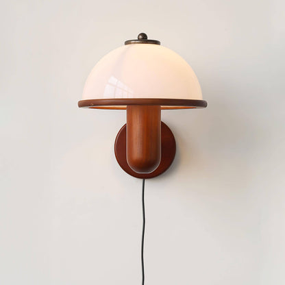 Rustic Wooden Fungi Wall Lamp with Cream Shade