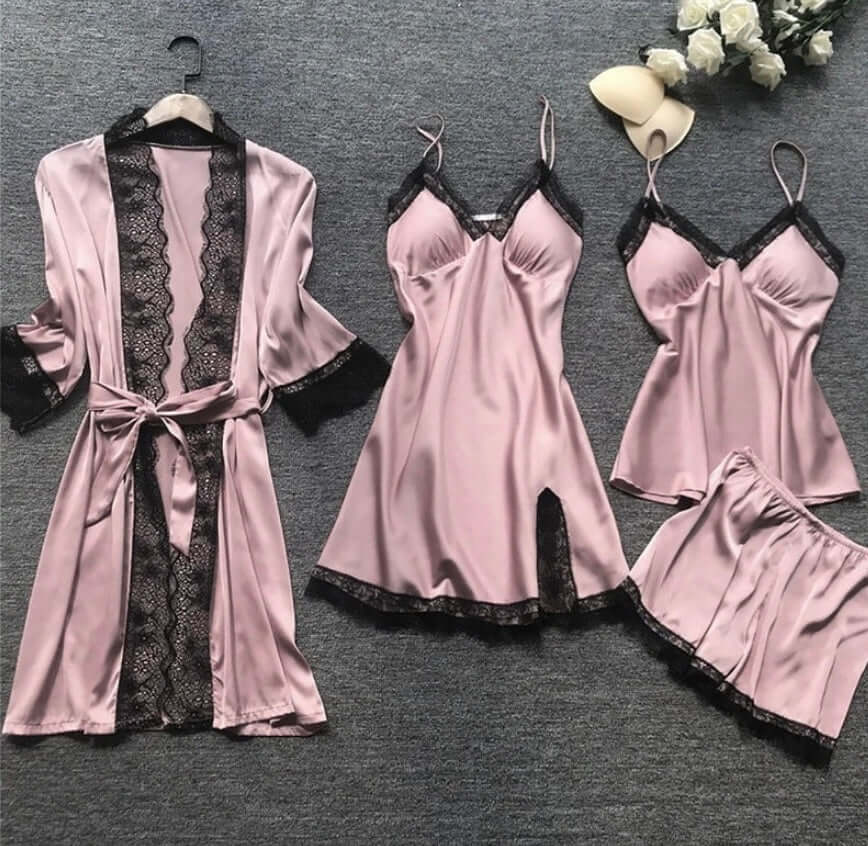 Ladies Soft Silk Pajama Set with Lace Trim