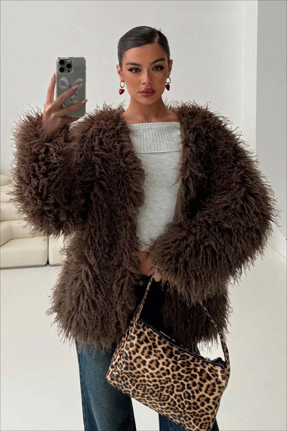 Damen Pelz Winterjacke Kunstpelz Teddy Jacke Flauschig