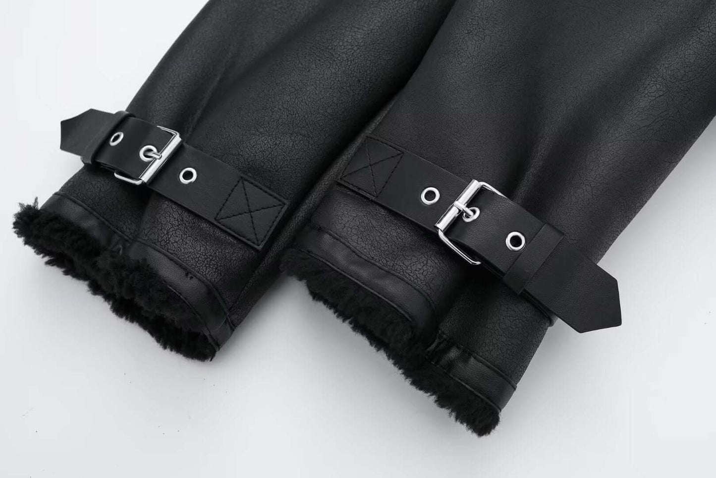 Ladies Synthetic Leather Coat with Faux Fur Trim - Luxivelle