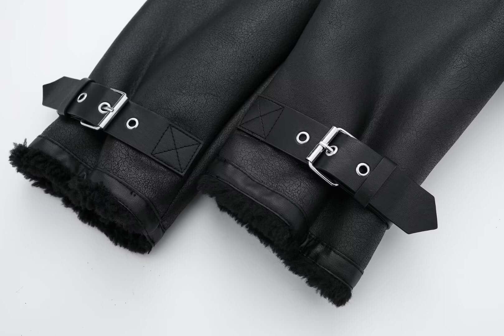 Ladies Synthetic Leather Coat with Faux Fur Trim - Luxivelle