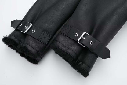 Ladies Synthetic Leather Coat with Faux Fur Trim - Luxivelle