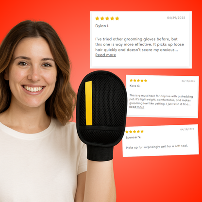 Effortless pet hair remover glove; blue mesh fabric with stretchy cuff, ideal for removing hair from clothes, sofas, and carp
