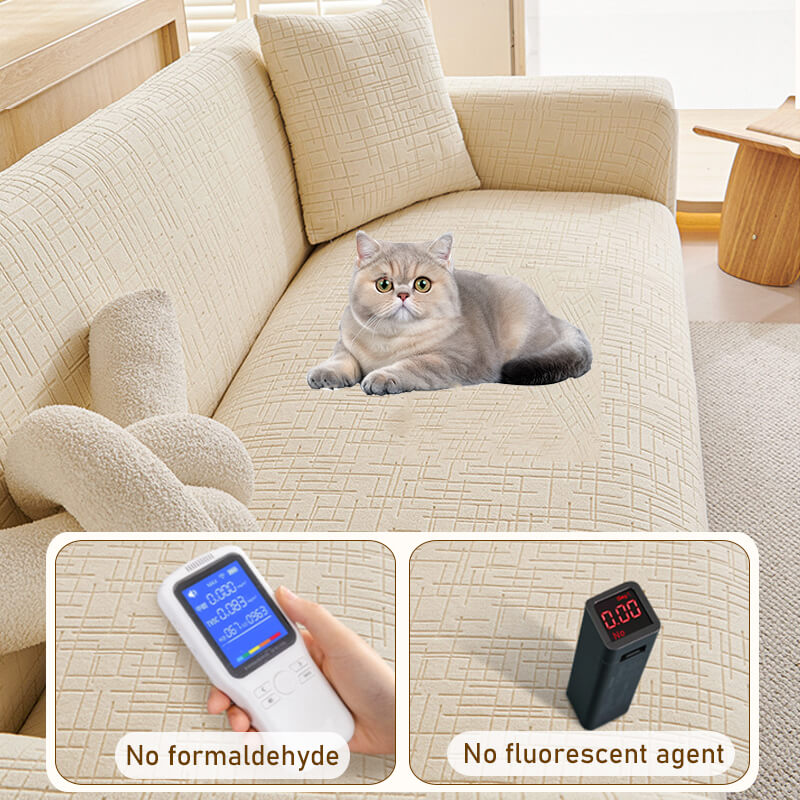 Elastic Jacquard Anti-Scratch Sofa Cover for Pets, stretchy plaid fabric, protects from scratches, ideal for families.