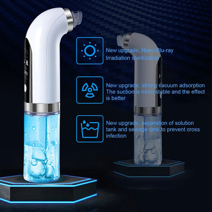 Electric blackhead remover pore vacuum on white background, featuring ergonomic design with interchangeable suction heads.